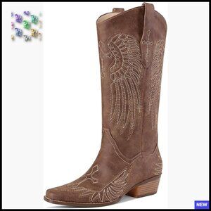 Knee High Western Boots Chunky Heel Square Toe Retro Cowgirl Pull On